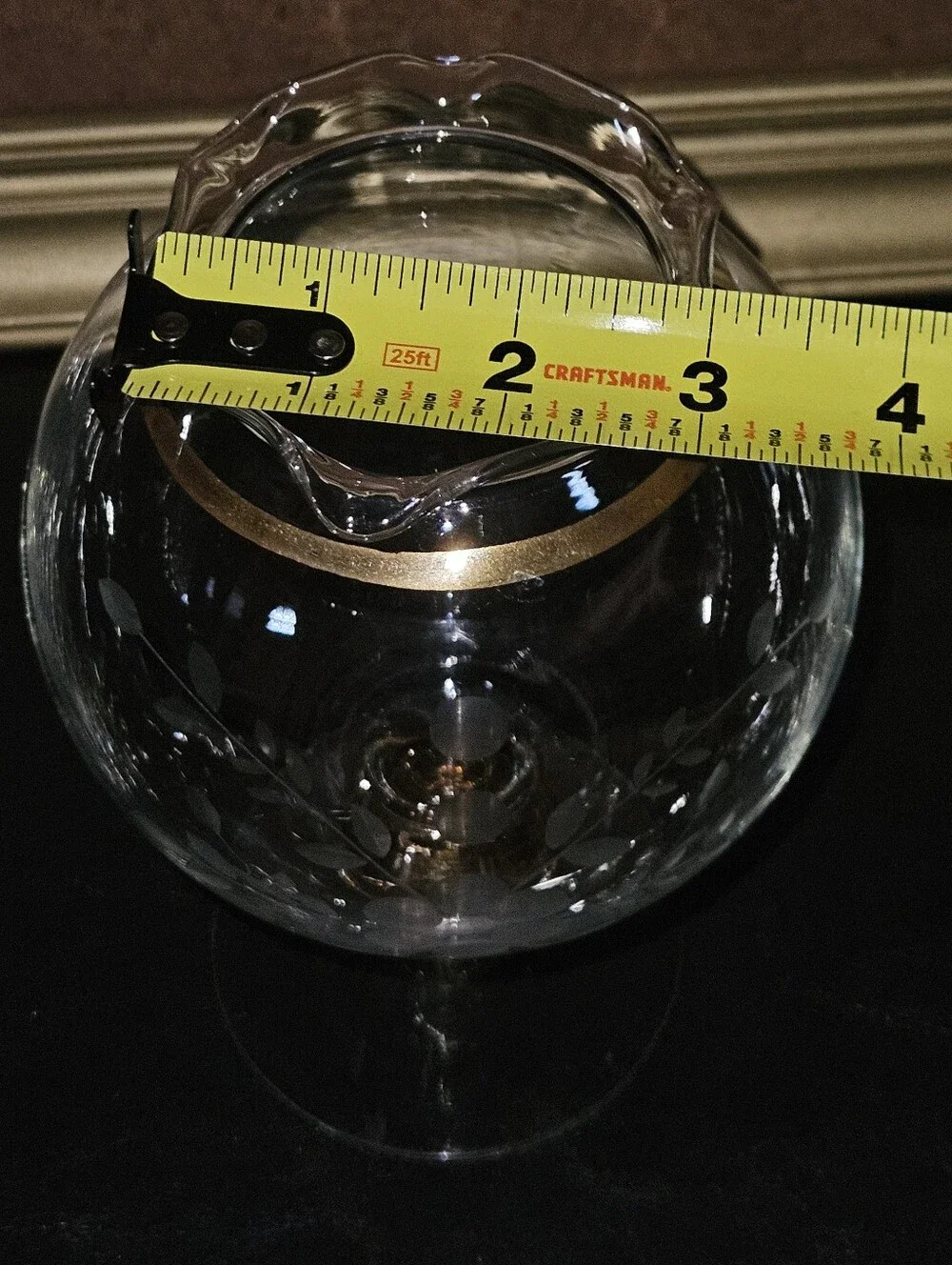 Vintage Glass Rose Bowl Pedestal Vase with Etched Berries and Gold Accents